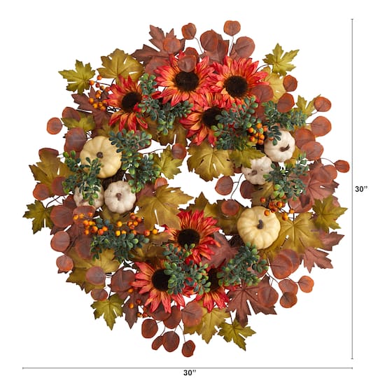 30" Fall Acorn, Sunflower, Berries & Autumn Foliage Wreath